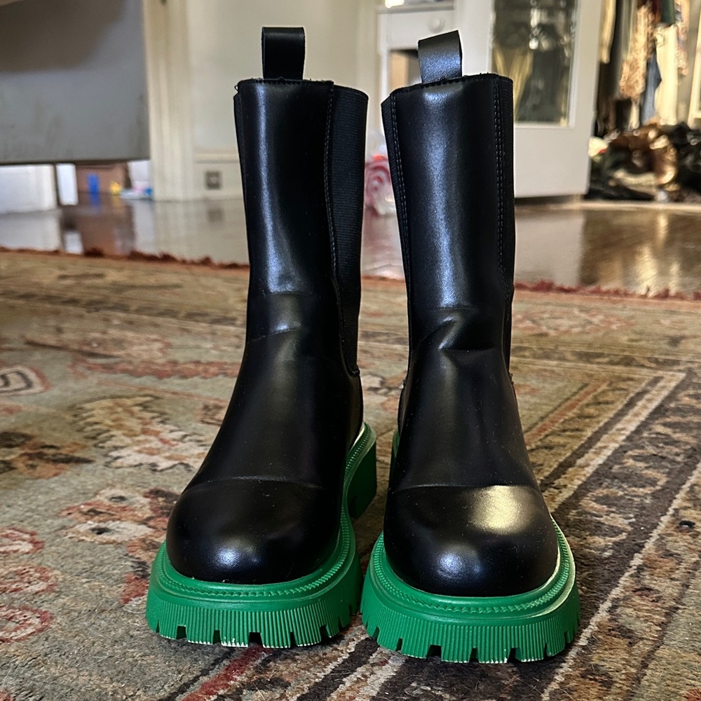 Black Leather Combat Boots with Green Lug Sole
